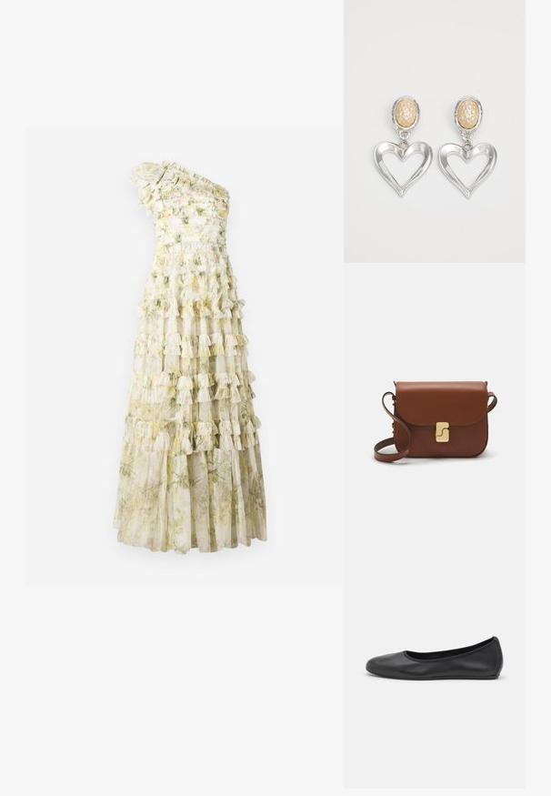 Ühe õla kleit, millel on kihilised volangid, pastelltoonide lilleline muster, läbipaistev kangas ja vormitud korpus. Pikkus ulatub põrandani.; Musthave mustika tantsutossud mustast nahast, ümmarguse varbaga, siledast tekstuurist, minimaalse õmblusdetailiga ja paindliku tallakujundusega.; Pruunist nahast käekott, millel on klapiga sulgur, kuldne riistvara, õlarihm ja sile tekstuur. Kompaktne ristkülikukujuline vorm.; Hõbedased südamekujulised kõrvarõngad läikiva viimistlusega. Igal kõrvarõngal on tekstuuriga beež ovaalne kinnituseks. Elegantsi ja kerge disain.