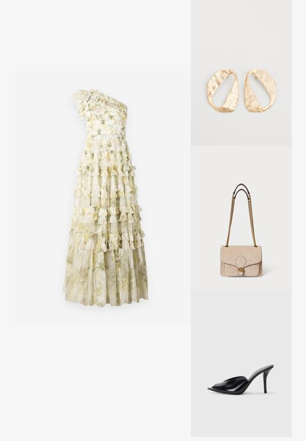 One-shoulder dress featuring layered ruffles, floral print in pastel hues, with sheer fabric and a fitted bodice. Length reaches the floor.; Black leather high-heeled mules with an open toe, pointed design, smooth texture, and a slim stiletto heel.; Beige suede handbag with gold chain straps, structured rectangular shape, stitched detailing, and a gold logo accent on the front.; Pair of irregular oval-shaped gold-toned metal earrings with a textured, slightly hammered surface on a white background.