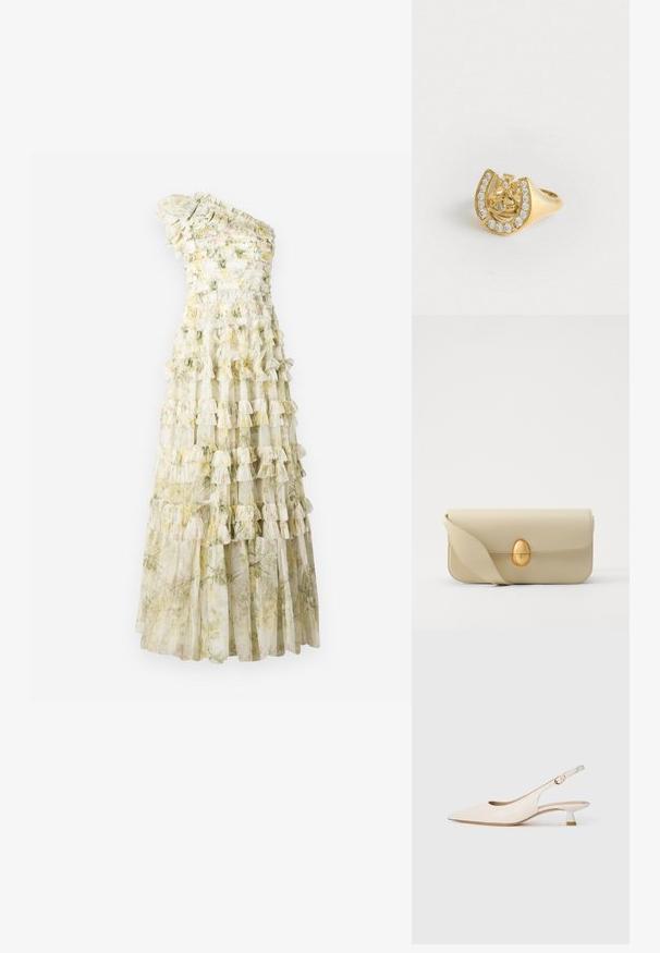 Ein schulterfreies Kleid mit gestuften Rüschen, floralen Mustern in sanften Farbtönen, aus durchscheinendem Stoff und mit einem taillierten Oberteil. Die Länge reicht bis zum Boden.; Cremefarbene Slingback-Schuhe mit spitzem Zehenbereich und niedrigem Kitten-Absatz sowie goldener Schnalle auf einfarbig weißem Hintergrund.; Beige Lederhandtasche mit glatter Textur, rechteckiger Form und einem goldenen ovalen Verschluss. Verfügt über einen langen, verstellbaren Trageriemen.; Goldring mit einem Kronendesign in einem Hufeisen, verziert mit kleinen klaren Edelsteinen, auf einem weißen Hintergrund.; Goldring mit einem Kronendesign in einem Hufeisen, verziert mit kleinen klaren Edelsteinen, auf einem weißen Hintergrund.