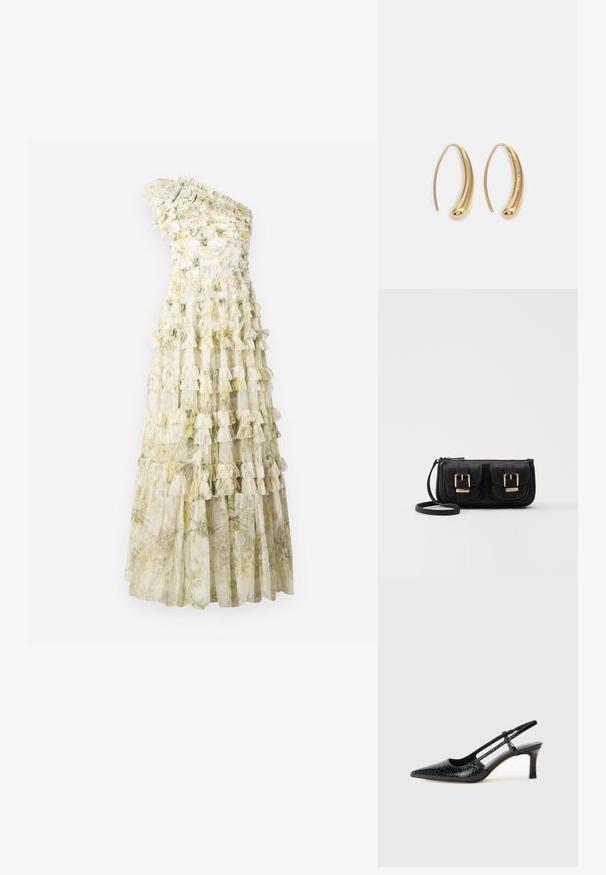 One-shoulder dress featuring layered ruffles, floral print in pastel hues, with sheer fabric and a fitted bodice. Length reaches the floor.; Black patent slingback heel with a pointed toe, featuring textured snake print, adjustable strap, and a short, textured block heel.; Black leather crossbody bag with two front pockets, gold buckles, zipper closure, and a slim strap. Textured surface and compact rectangular shape.; Gold-tone metal hoop earrings with a curved, elongated shape. Features a smooth, shiny surface and a rounded tip for added detail.