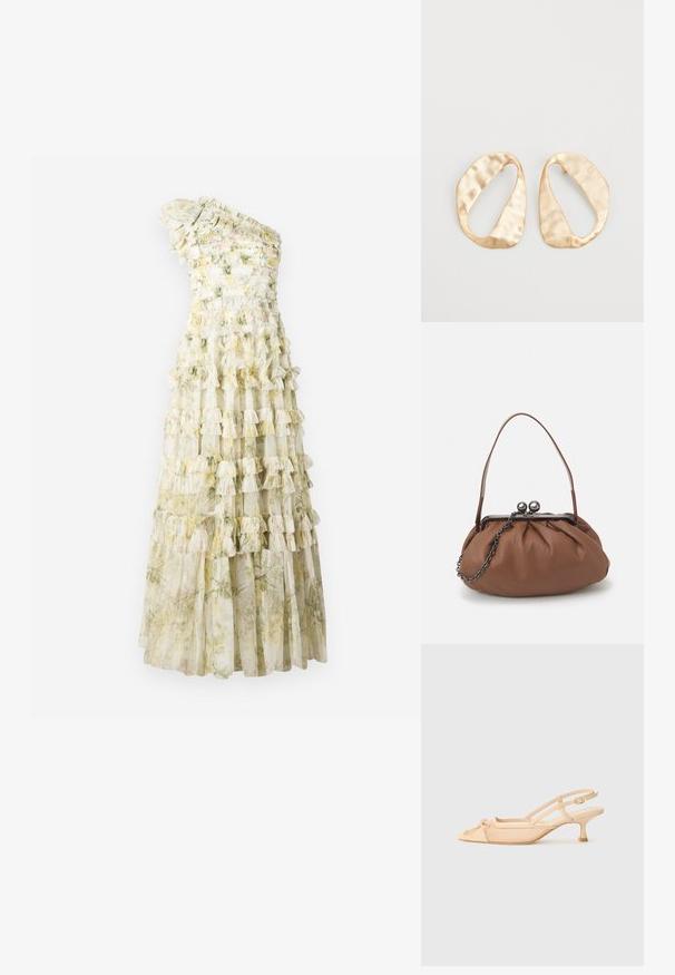 Ein schulterfreies Kleid mit gestuften Rüschen, floralen Mustern in sanften Farbtönen, aus durchscheinendem Stoff und mit einem taillierten Oberteil. Die Länge reicht bis zum Boden.; Stuart Weitzman KITTY - Pumps - beige/barely beige; Braune Leder-Handtasche mit gerafftem Design, einem kurzen Ledergriff und einem Kettenriemen. Sie verfügt über einen silbernen Metallverschluss mit zwei runden Akzenten.; Ein Paar unregelmäßige, oval geformte Ohrringe aus goldfarbenem Metall mit einer strukturierten, leicht gehämmerten Oberfläche auf weißem Hintergrund.