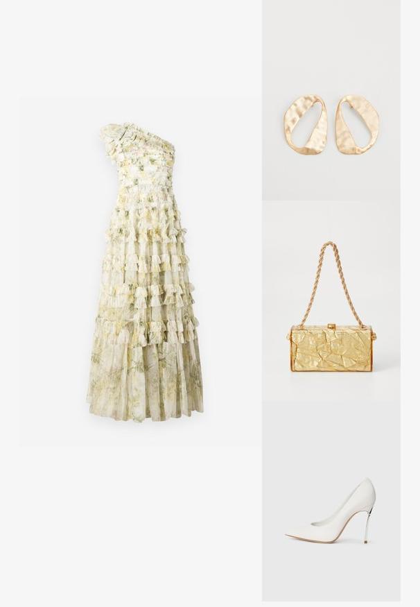 Egyszersoros ruha, amely réteges fodrokkal, pasztell árnyalatú virágmintával, áttetsző anyagból és hozzá illeszkedő fazonnal készült. Hossza a földig ér.; Fehér magas sarkú pumpa, hegyes orral, finom csillámos textúrával borítva. Ezüst fém sarok kiemeli a kontrasztot. Elegáns dizájn.; Arany, gyűrött textúrájú kézitáska, téglalap alakú, lánc pánttal és fedélzáras záródással a tetején. Simább, fényes felület.; Egy pár szabálytalan, ovális formájú, aranyszínű fém fülbevaló, enyhén kalapált felülettel, fehér háttéren.