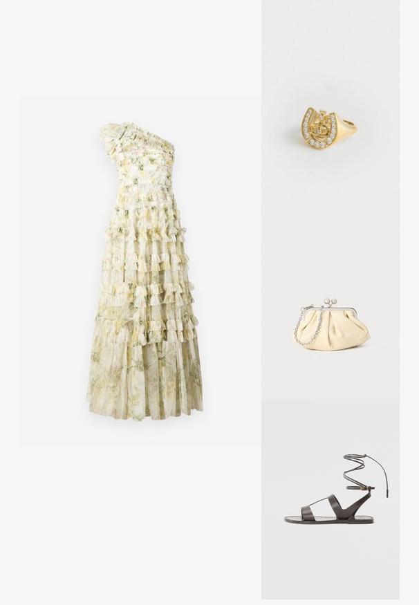 Enosna obleka na eno ramo z večplastnimi volančki, cvetličnim potiskom v pastelnih odtenkih, prosojnim materialom in облегanim korzetom. Dolžina doseže tla.; Rjave usnjene sandale s ravnim podplatom, ki imajo minimalističen dizajn, ukrivljen trak za gleženj in več odprtin za zračnost.; Zavihani bež usnjeni nahrbtnik s srebrnim kovinskim okvirom, ki ima dve okrogli okrasni zaponki in srebrno verižico.; Zlati prstan s krožno zasnovo znotraj podkve, okrašen z majhnimi prozornimi dragulji, na beli podlagi.