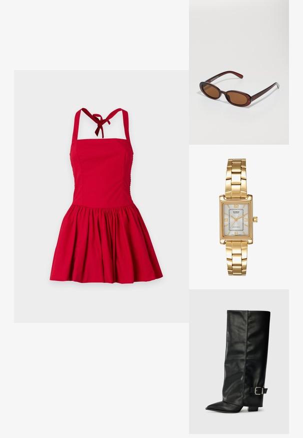 Červené bavlněné šaty s přiléhavým živůtkem, vykrojeným výstřihem a nařasenou sukní. Obsahují zadní zavazování a boční nařasení pro flexibilitu.; Černé kožené kotníkové boty až po kotníky s špičatou špičkou, hladkým povrchem a stříbrnou sponou na boku. Masivní čtveritý podpatek.; Kulaté sluneční brýle hnědé barvy s lesklým burgundským rámem. Úzké nožičky s jemným logem. Rovné čočky.; Zlatý obdélníkový náramkový hodin s bílým ciferníkem, stříbrnými indexy a odolným kovovým náramkem. Obsahuje voděodolnou funkci.
