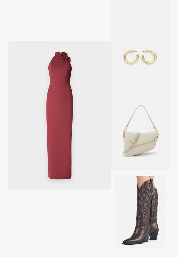 Rochie de seară roșie, fără mâneci, cu decolteu înalt și accente florale pe o umăr. Siluetă ajustată, textură netedă, design lungime ankle.; Bocanci de cowboy din piele maro, cu vârf ascuțit și toc pătrat, având cusături detaliate și accente ridicate pe tijă.; Geantă mică de crem cu un finisaj texturat, curea lungă și ajustabilă, accent cu lanț și închidere cu clapetă. Detalii din hardware aurie.; Cercei cercuri din aur cu un finisaj neted și strălucitor. Design circular cu un mic suport și un spate transparent pentru o purtare sigură.