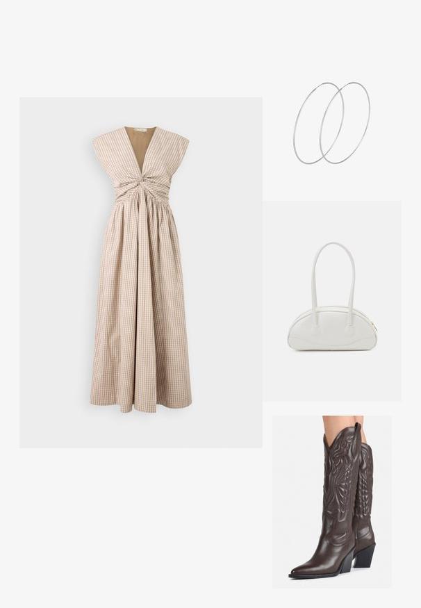 Lange, mouwloze jurk in beige en witte ruit met een geplooide rok, voorzien van een diepe V-hals en geraffineerde taille detail.; Bruine leren cowboylaarzen met een spitse neus en blokhak, voorzien van gedetailleerde stiksels en verhoogde accenten op de schacht.; Even&Odd Handtas - off-white; Zilveren hoepel oorbellen met een minimalistisch ontwerp. Cirkelvormig, gladde textuur en dun profiel. Lichtgewicht met een gepolijste afwerking.