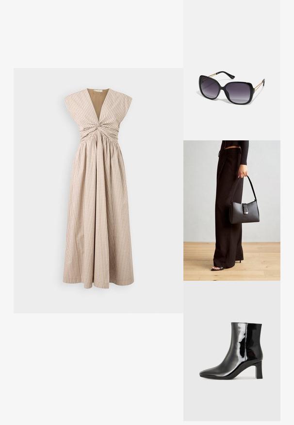 Długa, bezrękawna sukienka w beżową i białą kratkę gingham z plisowaną spódnicą, z głębokim dekoltem w kształcie V i marszczoną detalem w okolicy biustu.; Czarne lakierowane botki za kostkę z wysmukłym noskiem i średniej wysokości obcasem w kształcie słupka. Gładka tekstura i minimalistyczny design.; Czarne oversize okulary przeciwsłoneczne z gradientowymi soczewkami, grubymi oprawkami i złotym łańcuszkiem na ramionach.; Czarna torebka o usztywnionym kształcie, gładkiej fakturze i metalowym zapięciem. Połączona z szerokimi czarnymi spodniami i sandałami na otwartym palcu na drewnianej podłodze.