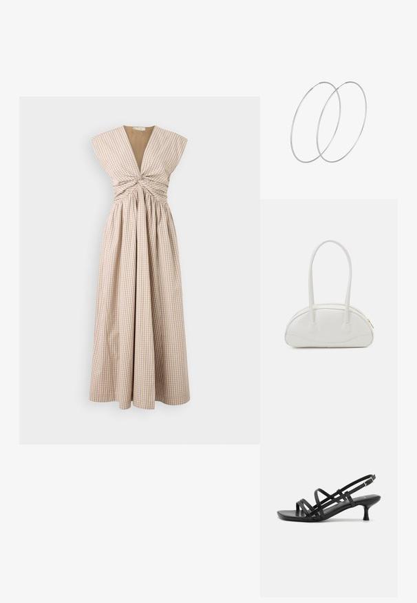 Vestido largo sin mangas en color beige y blanco con un estampado de cuadros vichy, con falda plisada, que presenta un escote en V profundo y detalles de pecho fruncido.; Sandalias de tacón negro con múltiples tiras entrecruzadas. Material suave, puntera afilada y tacón estrecho. Correa de tobillo ajustable con hebilla.; Even&Odd Bolso de mano - off-white; Pendientes de aro plateados con un diseño minimalista. Forma circular, textura suave y perfil delgado. Livianos con un acabado pulido.