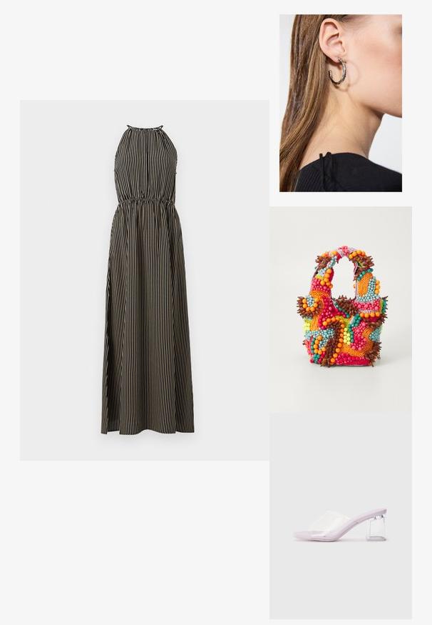 Stripet halterneck-kjole i sort og beige med elastisk midje; lang, flytende A-linje silhuett og teksturert stoff.; Lilla hæl mules med øvre del i klar plast og en gennemsigtig blokhæl. Glat tekstur, åben tådesign, minimalistisch form.; Perlehåndveske med livlige farger: rosa, oransje, blå og brun. Strukturerte overflater med sirkulære perler og organiske former, solide håndtak.; Sølv ringøredob med en polert finish, med små gull detaljer og en rund form, båret på øreflippen.