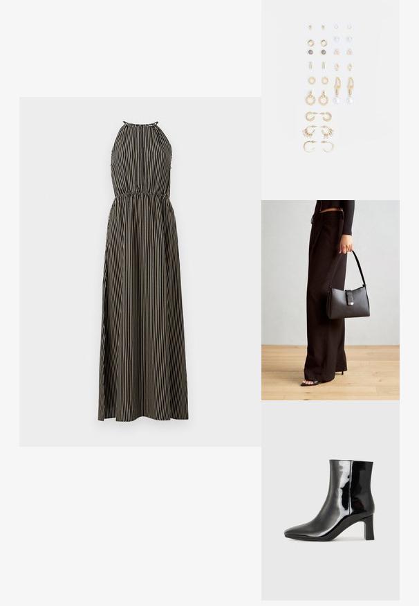 Juostuotas halterio suknelė juodos ir smėlinės spalvos, su elastinga juosmens dalimi; ilgas, laisvas A formos siluetas ir tekstūruota medžiaga.; Juodos lakuotos odinės aulinukės su smailiu pirštu ir vidutinio aukščio blokuotu kulnu. Lygus paviršius ir minimalistinis dizainas.; Juodas rankinė struktūrizuota forma, lygi tekstūra ir metalinis užsegimas. Suporuota su plačiomis juodomis kelnėmis ir atvirais bateliais ant medinių grindų.; Auksiniai auskarai su įvairiais dizainais, įskaitant studus, žiedus ir kabančius modelius su perlų ir kristalų akcentais.