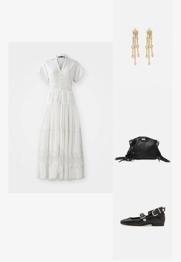 Witte maxi-jurk met korte mouwen, knoopsluiting aan de voorkant en smocktail, met kantafwerking aan de rand en een zachte, textuurstof.; Zwarte gepatineerde leren platte schoen met een vierkante neus, enkelband met zilverkleurige hardware en platte zool. Gladde textuur met minimalistisch ontwerp.; Maje MISS MINI - Schoudertas - noir; Gouden oorbellen met meerdere waterval kettingen, voorzien van heldere ovale rhinestone accenten en decoratieve studs aan de bovenkant.