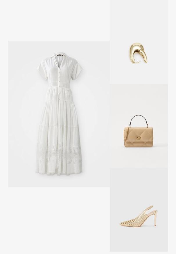 Vestido maxi blanco con mangas cortas, cierre de botones en el frente y cintura fruncida, con un borde de encaje en el dobladillo y una tela suave y texturizada.; Zapato de tacón alto dorado tipo slingback, con diseño de cortes, puntera puntiaguda y textura suave con un acabado metálico.; Bolso de mano de cuero acolchado en beige con herrajes dorados, cadena y asa superior. Presenta una tapa en la parte frontal y un detalle de logotipo distintivo.; Pendiente de metal en tono dorado con un diseño elegante y curvado. Presenta una forma puntiaguda distintiva, superficie pulida y cierre de bisagra.