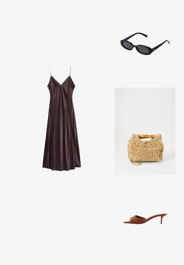 Smeđa čokoladna slip haljina od satena s V-izrezom, tankim trakama i lepršavom rubom koji pada do sredine listova. Glatka tekstura i minimalistički dizajn.; Smeđe suknene mule otvorenog vrha s zakrivljenim dizajnom, s niskom stiletto petom i glatkim, minimalističkim linijama.; Crne velike sunčane naočale s ovalnim staklima, glatkim plastičnim okvirom i zlatnim detaljima na sljepočnicama. Tamna stakla pružaju zaštitu od sunca.; Torba od tkanog slame s drvenim ručkama od bambusa, s teksturiranim dizajnom resica u prirodnoj bež boji i zlatnim lanca remenom.