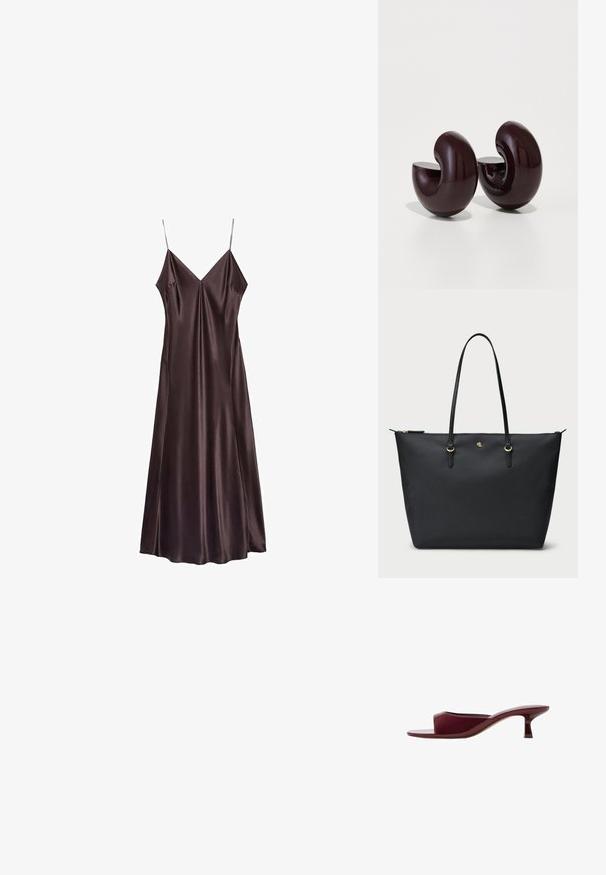 Chokoladebrun slipkjole lavet af satin med V-hals, tynde stropper og en svævende kant, der falder midt på læggen. Glat tekstur og minimalistisk design.; M bordeaux åben tå slide sandal med en glat finish, en lav kitten hæl og et minimalistisk design med en blød, buet form.; Sort totebag med en struktureret overflade, lynlåslukning og to læderhåndtag. Har guldhardware og et diskret logo på forsiden.; Krummede skulpturer i dyb burgunder, med glansfuld finish, som har halvmåneudskæringer og en glat overflade, der ligner abstrakte snegleformer.