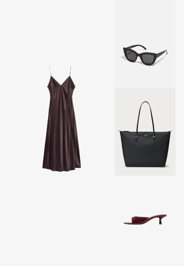 Chocoladebruine slipdress van satijn met een V-hals, dunne bandjes en een vloeiende zoom die halverwege de kuit valt. Soepele textuur en minimalistisch ontwerp.; Bordeaux open-toe schuif sandaal met een glanzende afwerking, een lage kitten heel en een minimalistisch ontwerp met een soepele, gebogen vorm.; Zwarte cat-eye zonnebril met een matte afwerking, voorzien van grijs getinte glazen, scherpe hoeken en slanke zijarmen. Merkennaam zichtbaar op de binnenarm.; Zwarte tote bag met een textuur oppervlak, ritssluiting en twee leren handvatten. Voorzien van gouden hardware en een subtiel logo aan de voorkant.