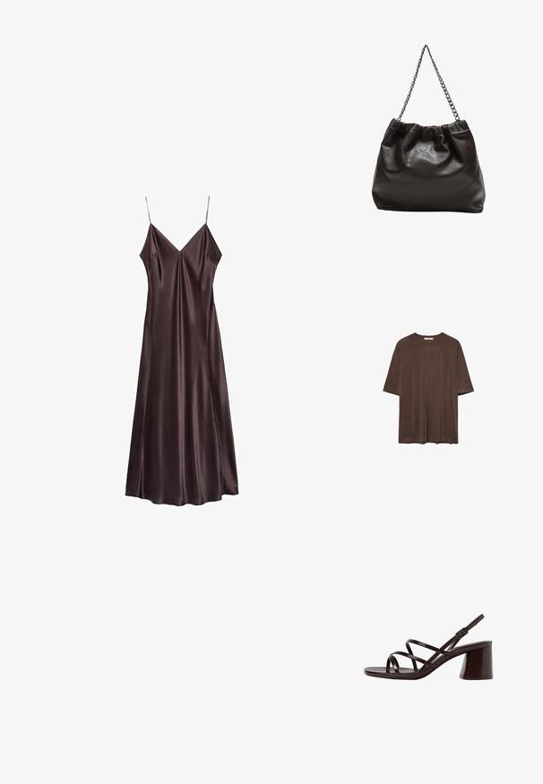 Sateeninen sukka, suklaanruskea, jolla on V-pääntie, ohuet hihnat ja valuva helma, joka ulottuu puoliväliin pohkeita. Sujuva koostumus ja minimalistinen muotoilu.; Ruskea lyhythihainen t-paita, joka on valmistettu pehmeästä kankaasta. Paita on pyöreäkauluksinen ja rento leikkaukseltaan. Pintakuvasto on sileä ilman kuvioita tai koristeita.; Ruske sandaale sa visokom potpeticom s debljim petama, s glatkom, sjajnom površinom i višestrukim križnim trakama na gornjem dijelu.; Ruskea nahkainen laukku, jossa on kerätty yläosa ja ketjuhihna. Tasainen pinta, jossa kiiltävä viimeistely ja hienovaraiset sauman yksityiskohdat sivuilla.