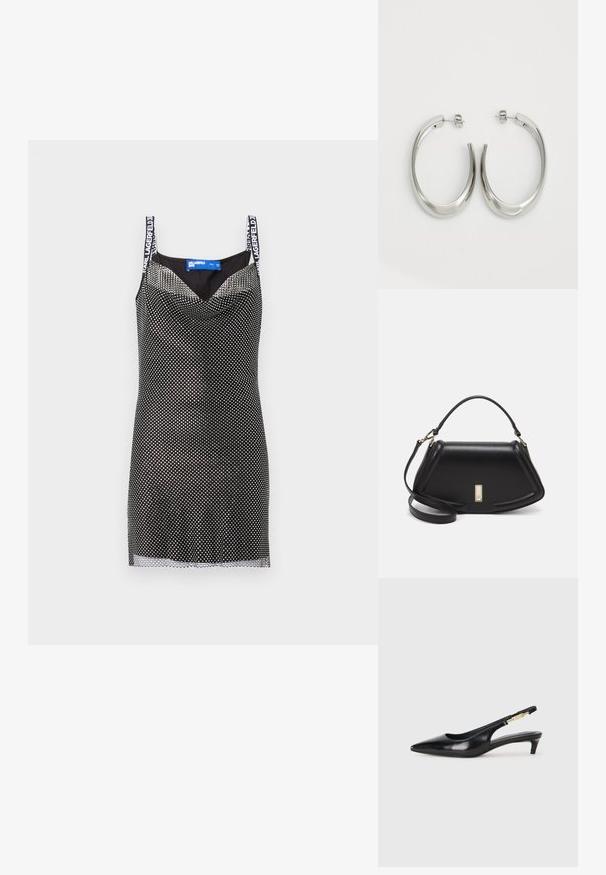 Juoda tinklinė suknelė su taškinio rašto, V formos iškirpte ir reguliuojamomis petnešomis su prekiniais akcentais. Lygi tekstūra ir prigludęs siluetas.; Juodas odinis pavasario batelių modelis su smailiu nosiu, turintis siaurą kulniuką ir auksinės spalvos akcentu reguliuojamoje juostoje. Lygi tekstūra.; Juoda odinė rankinė su struktūrizuotu dizainu, turi trumpą formą, viršutinę rankeną ir auksinius akcentus. Pridėtas reguliuojamas peties diržas.; Sidabriniai apvalūs auskarai su lygiu, išlenktu dizainu. Yra blizgus metalinis paviršius ir smeigtukų uždarymas. Nėra matomų raštų ar akcentų.