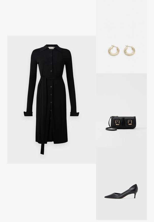 Črna obleka z dolgimi rokavi iz gladkega blaga, z gumbastim zapiranjem spredaj, ovratnikom in pasom. Gumbasti manšeti in hem dolžine do kolen.; Črni usnjeni čevelj s koničastim prstom in nizkim tihim peto. Ima gladko teksturo in subtilen lesk. Spredaj odprt izrez za dodaten detajl.; Črna usnjena torbica čez ramo z dvema sprednjima žepoma, zlatimi zaponkami, zadrgo in ozkim pasom. Tekstura površine je strukturirana, obliko pa ima kompaktno pravokotno.; Lauren Ralph Lauren BASIC SMALL HOOP - Uhani - gold-coloured