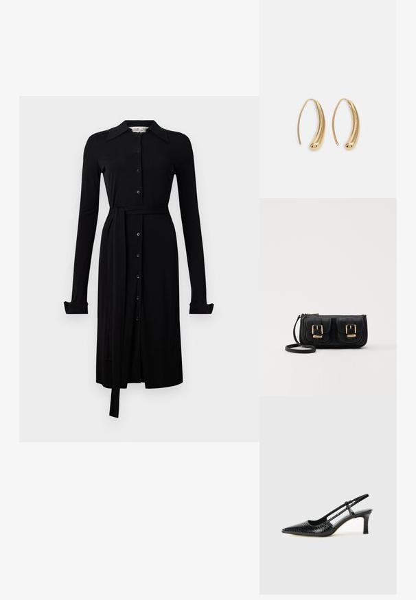 Vestido preto de manga longa feito de tecido suave, com botão na parte da frente, colarinho e cinto na cintura. Punhos com botão e comprimento até ao joelho.; Salto slingback em patente preta com bico apontado, apresentando um padrão de pele de cobra texturizado, tira ajustável e um salto bloco curto e texturizado.; Bolsa de ombro em couro preto com dois bolsos frontais, fivelas douradas, fecho de zíper e uma alça fina. Superfície texturizada e forma retangular compacta.; Brincos em metal dourado com forma de arco alongado e curvado. Apresentam uma superfície lisa e brilhante, com uma ponta arredondada para um detalhe adicional.