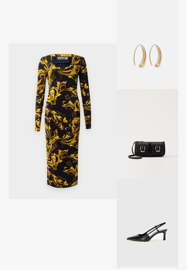 Svart långärmad klänning med figurnära silhuett, prydd med gyllene blommönster och fyrkantig halsringning, tillverkad av ett slätt tyg.; Svart lackskin slingback-häl med spetsig tå, med texturerad ormskinnsprint, justerbar rem och en kort, texturerad blockklack.; Svart läderaxelväska med två framfickor, guldspännen, dragkedjestängning och en smal rem. Texturerad yta och kompakt rektangulär form.; Guldtonade metallörhängen i en kurvad, avlång form. Har en slät, glänsande yta och en rundad spets för en extra detalj.