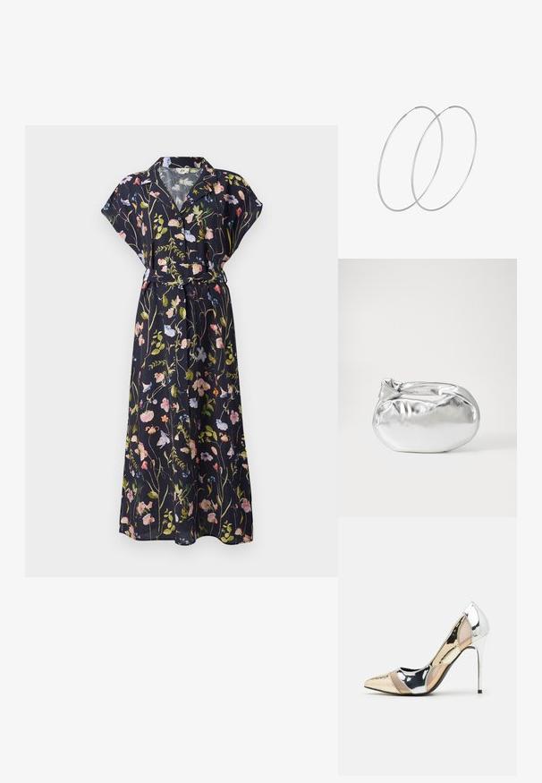 Tamsiai mėlynas gėlių ilgas suknelė su trumpomis rankovėmis, diržu ties liemeniu ir spalvingais gėlių raštais rožinės, žalios ir mėlynos spalvos tamsiame fone.; Aštrus pirštas aukštakulnis batelis su sidabro, aukso ir nuogų spalvų deriniu. Blizgus paviršius su išpjovos dizainu, su stiletto kulnu.; Sidabrinė metalinė maišelio forma su švelnia, apvalia forma ir mazgu užveriamu viršumi. Pagaminta iš lygios dirbtinės odos medžiagos.; Sidabrinės pusmėnulio auskarai minimalistiniu dizainu. Apskritimo forma, lygus paviršius ir plonas profilis. Lengvi su poliruotu apdailu.