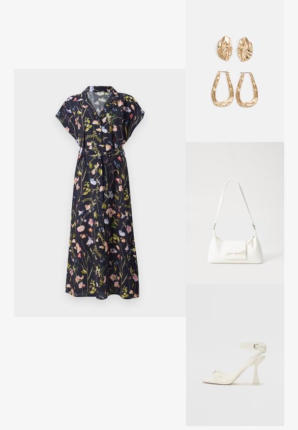 Rochie maxi navy cu imprimeu floral, cu mâneci scurte, curea la talie și motive florale colorate în roz, verde și albastru pe un fundal închis.; Sandalele cu toc înalt, cu bretele, din piele albă, cu un design elegant, toc transparent și un element decorativ la vârf.; Geantă sintetică albă, cu formă triangulară, capac frontal plat și detaliu cu fundă, curea ajustabilă, textură netedă și design minimalist.; Cercei aurii cu forme texturate și ondulate. Include studs sculpturale cu clip și un design de cerc deschis cu un finisaj cioplit.