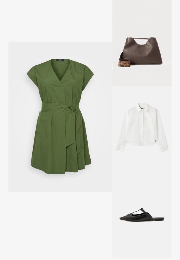 Zaļš aplokšņu kleita ar īsām piedurknēm, V-veida kakla izgriezumu, priekšējo siksniņu, sānu kabatām un vieglu teksturētu audumu.; Balta, īsa garuma piedurkņu krekls, kas izgatavots no kokvilnas. Tam ir pogājama priekšpuse, krūšu kabata un mazs melns logo apakšējā kreisajā stūrī.; Melnas ādas slingback kurpes ar norādītu purngali, kurām ir austoša akcenta un krokota augšdaļa. Plakana zole ar minimālu aparatūru.; Brūna ādas rokassoma ar strukturētu apdari, leņķīgu dizainu un izteiksmīgu augšējo rokturi. Iespējamā rakstaina austā siksna.