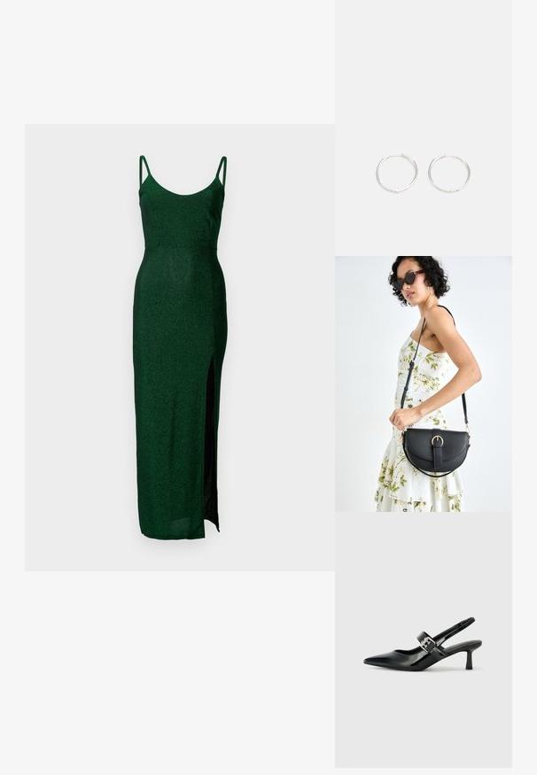 Žalia žvilgantinė vakarėlių suknelė su špagetėmis, prigludusi forma ir šlaunimi iki aukščio skeltimi. Pagaminta iš lygaus, atspindinčio audinio.; Juodai lakuoti slingback aukštakulniai su smailiu kojų pirštu ir mažais blokiniais kulniukais, su sidabro sagtimi ant dirželio.; Juodas odinis krepšys su išlenkta forma, nuimamu dirželiu ir auksiniais detalėmis. Krepšys turi kilpą su sagtimi.; Sidabrinės auskarai žiedai su sėslia, apvalia forma, pasižymintys lygia paviršiumi ir be matomų puošmenų. Svoris nenurodytas.