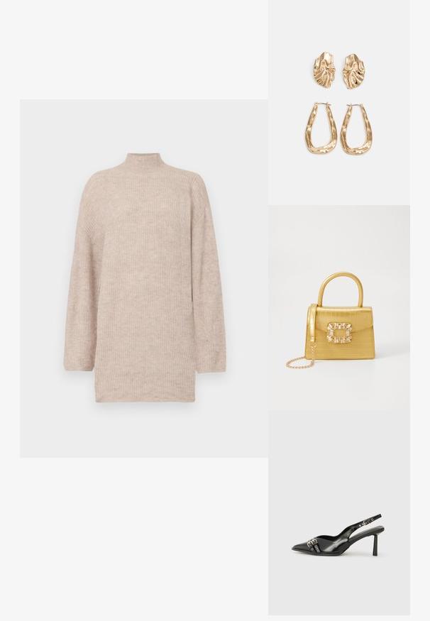 Beige, magas nyakú pulóver, ejtett vállakkal, ribbed kötésű anyagból készült. Lazán illeszkedő szabás, hosszú ujjak és sima textúra jellemzi.; Fekete lakk bőr, hegyes orrú slingback cipő, boka pántokkal, ezüst csatokkal és hardverelemekkel, valamint karcsú sarkú.; Sárga műbőr krokodil mintás kézitáska strukturált kialakítással, felső fogantyúval, leválasztható lánccal és díszes kristály díszítéssel a záron.; Aranyszínű fülbevalók, texturált, hullámos formákkal. Tartalmazza a szobrászati klipszes studokat és az open hoop kialakítást, kalapácsos felülettel.