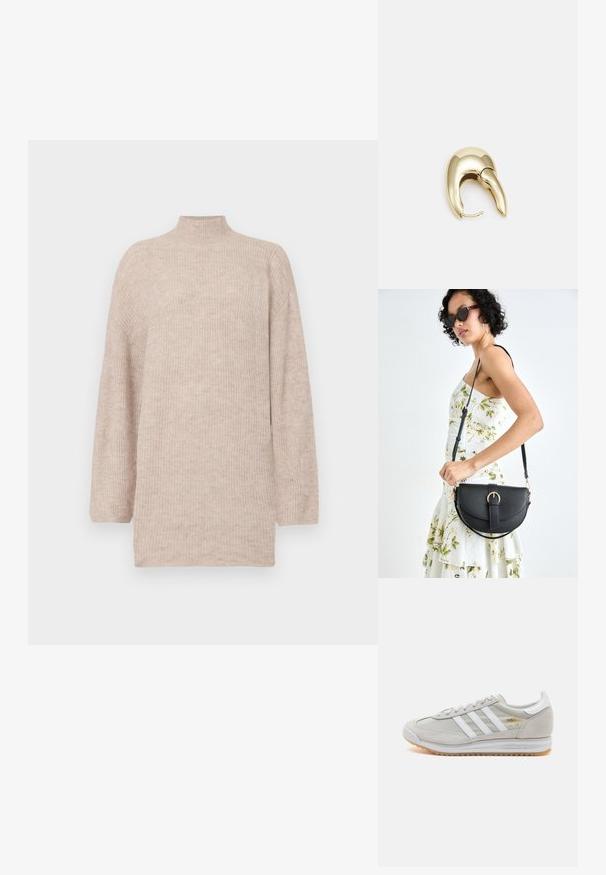 Beige høyhalset genser med drop shoulder, laget av ribbestrikket materiale. Løs passform med lange ermer og en jevn tekstur.; Lys grå sneaker laget av semsket skinn og mesh, med tre hvite striper, rund tå og såle av gummi. Gull logo-aksent nær snørebåndene.; Svart lærveske med en buet form, avtagbar stropp og gullbeslag. Vesken har et klaff med spenne-detall.; Gullfarget metalløredobber med et elegant, buet design. Har en karakteristisk spiss form, polert overflate og hengsel-lukking.
