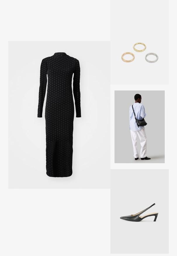Rochie lungă neagră cu mânecă lungă, având un model texturat cu branding repetat. Designul este ajustat, având un gât înalt și o siluetă până la podea.; Pantof cu toc mic, cu vârf ascuțit și slingback, realizat din piele netedă, având un design decupat pe lateral pentru respirabilitate.; Geantă de umăr din piele neagră cu o textură moale, formă triunghiulară și curea ajustabilă, asortată cu o bluză cu dungi albastre deschise și pantaloni albi.; Trei inele din metal: unul roz aurie, unul auriu cu accente texturate și unul argintiu, toate cu branding gravat pe banda interioară.