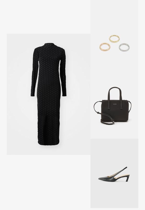 Svart långärmad klänning med ett texturerat mönster med upprepad varumärkeslogotyp. Designen är figursydd med en hög hals och golvlång silhuett.; Svart spetsig slingback-sko med låg klack, som har ett slätt lädermaterial och utskärningsdesign på sidan för andningsförmåga.; Svart handväska med dubbla korta handtag och ett avtagbart axelband. Slät läderliknande material med dragkedjestängning och logodetalj.; Tre metallringar: en roséguld, en guld med texturerade detaljer och en silver, alla med ingraverad märkning på den inre ringen.
