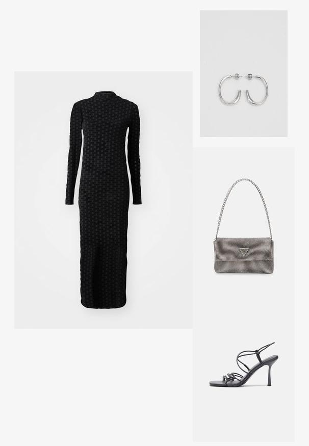 Mustapituinen pitkähiha dressi, jossa on teksturoitu kuvio toistuvalla brändäyksellä. Suunnittelu on vartalonmyötäinen, ja siinä on korkea kaulus sekä lattiaan ulottuva siluetti.; Mustat korkokengät sandaalit, joissa on ohuet hihnat solmittuna, sileä neliön muotoinen varvasosa ja tyylikäs stiletto-korko.; Vaalea harmaa metallinen käsilaukku, jossa on ketjusanka. Laukku on koristeltu pienillä pyöreillä metallikoruilla ja kolmion muotoisella brändilogolla.; Hopehopeet hopehopeet hopehopeet hopehopeet, jolla on sileä, kiiltävä pinta. Pyöreä muoto, kevyt rakenne, jossa on neulakiinnitys.