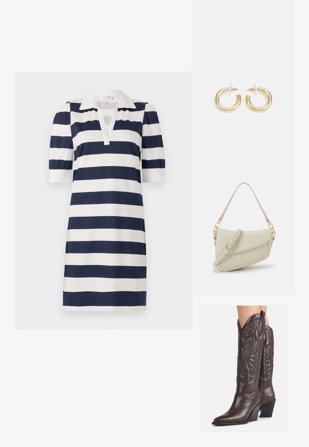 Csíkos ruha, amely kék és fehér vízszintes csíkokkal rendelkezik, klasszikus polo gallérral, rövid puffujjakkal és V-alakú nyakkivágással. Puha pamut anyag.; Barna bőr cowboy csizmák hegyes orral és blokk sarkal, részletes varrással és kiemelkedő díszítésekkel a szárán.; Kis krémszínű táska texturált felülettel, hosszú, állítható pánttal, láncos díszítéssel és fedéllel záródik. Aranyszínű fém részletek.; Arany fülbevalók sima, fényes felülettel. Kör alakú dizájn, amely kis kapoccsal és átlátszó tartozékkal rendelkezik a biztonságos viselés érdekében.