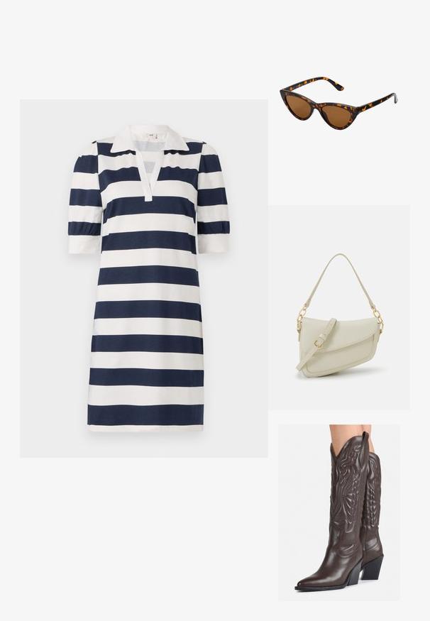 Raidallinen mekko, jossa on tummansinisiä ja valkoisia vaakasuoria raitoja, klassinen polo-kaulus, lyhyet puffihihat ja v-aukko. Pehmeää puuvillakankasta.; Ruske nahkasaappaat, joissa on terävä kärki ja laatikkokorko, varustettu yksityiskohtaisella ompelulla ja kohotetuilla yksityiskohdilla varsiosassa.; Kattöga solglasögon med en svart och orange sköldpaddsmönstrad båge, bruna linser och slanka, spetsiga spetsar. Har en minimal logotyp på skalmen.; Pieni kerma beige käsilaukku, jossa on teksturoitu pinta, pitkä säädettävä olkahihna, ketjua korostava yksityiskohta ja läppälukko. Kultaista metalliosaa.