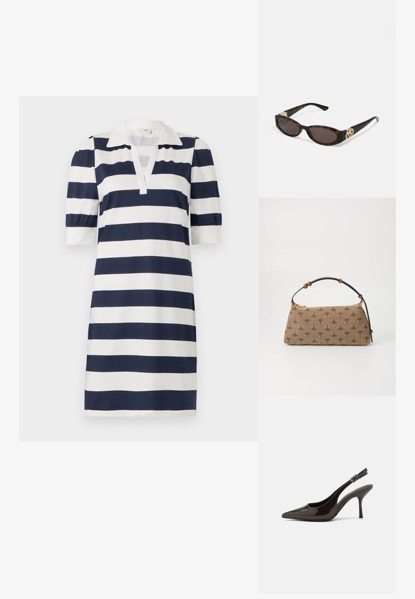 Pruhované šaty s námořnickými a bílými horizontálními pruhy, klasickým límcem polo, krátkými pufovými rukávy a výstřihem do V. Měkká bavlněná tkanina.; Slingback lodičky na vysokém podpatku z lesklé tmavě hnědé lakované kůže, s špičatou špičkou, otevřenými stranami a nastavitelným páskem kolem kotníku.; Brýle sluneční s kočičím vzorem, prodloužené oválné čočky, hnědý odstín, zlaté logo na spáncích a elegantní černé nožičky.; Hnědá vzorovaná kabelka s texturovanou tkaninou, hnědým koženým popruhem a zlatým logem na béžovém pozadí. Zakřivený, strukturovaný tvar.