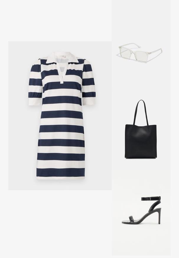 Svītrota kleita ar tumši zilu un baltu horizontālu svītru rakstu, klasisku polo apkakli, īsām pūkainām piedurknēm un V-veida kakla izgriezumu. Mīksts kokvilnas audums.; Melnas papēžu sūkņu sandales ar glancētu apdari, kas aprīkotas ar divām smalkām siksnām un potītes siksniņu, uz šaura stiletto papēža.; Caursplūstošas kvadrātveida brillēs ar caurspīdīgiem lēcām, ar zelta akcentiem uz tempļiem, lai pievienotu detaļas.; Melnas ādas somiņa ar gludu tekstūru, taisnstūra formu un divām garām rokturiem. Nav redzamu aparatūras vai rotājumu.