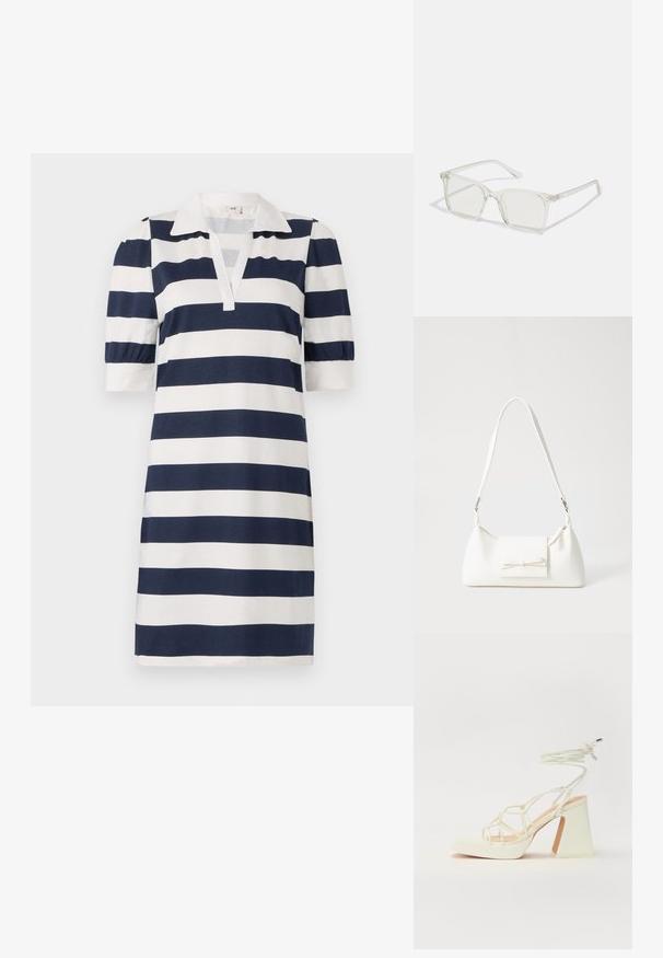 Vestido riscado com riscas horizontais em azul-marinho e branco, um clássico colarinho polo, mangas curtas em balão e um decote em V. Tecido de algodão macio.; Sandálias brancas de salto alto com um salto robusto, apresentando um design com tiras e amarração no tornozelo. Textura suave com uma plataforma na frente para altura adicional.; Óculos quadrados de plástico transparente com lentes translúcidas, apresentando detalhes em dourado nas hastes.; Mala sintética branca com formato triangular, aba frontal plana e detalhe de laço, alça ajustável, textura suave e design minimalista.