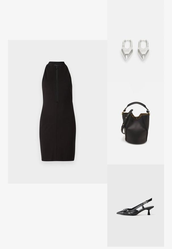 Juoda be rankovių suknelė su aukštu kaklu ir priekiniais užtrauktukais; pagaminta iš lygaus audinio, prigludusi siluetas, iki kelių, be raštų.; Juodas odinis slingback tipo batai su smailiu priekiniu atvartu, dekoratyvinėmis sagtimis su metaliniais akyčiais ir žemu blokiniu kulnu. Saldus paviršius.; Juodas odinis kibiro tipo krepšys su tekstūruotu paviršiumi, auksiniais detalėmis ir atvira viršūne. Yra trumpa rankena ir reguliuojama petneša.; Sidabrinės širdelės formos užraktai su išgraviruotais žodžiais "TAIP" ir "NE", poliruotas paviršius, simetriškas dizainas ir tvirtas metalinis užraktas.