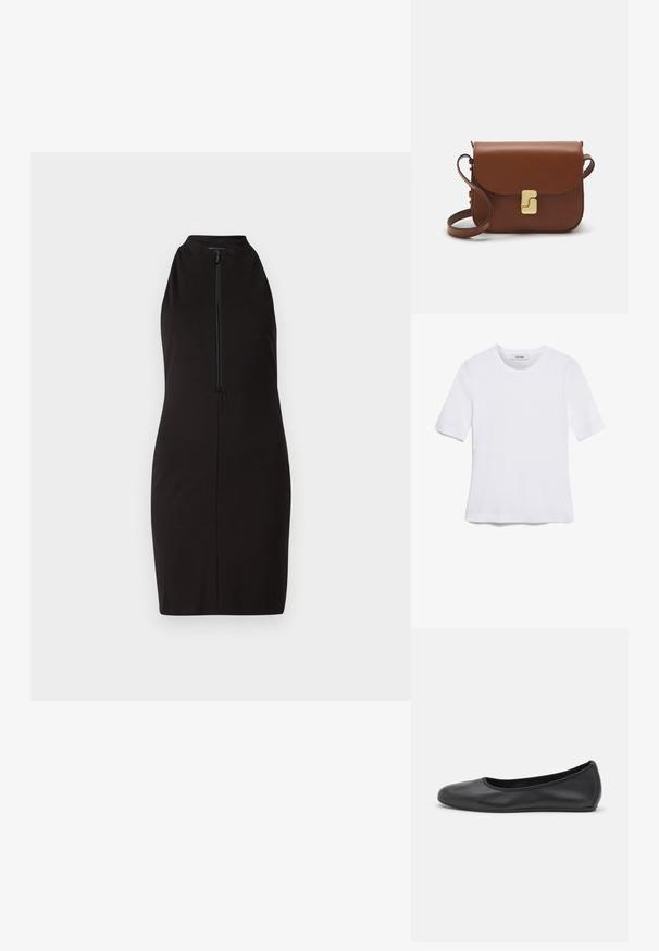 Vestido preto sem mangas com gola alta e fecho de correr na frente; feito de um tecido liso, silhueta ajustada, até ao joelho e sem padrões.; T-shirt de manga curta branca feita de tecido canelado. Decote redondo, ajuste regular e detalhes de costura subtis. Sem padrões ou gráficos.; Bailarina preta em pele com bico arredondado, textura suave, detalhe de costura minimalista e design de sola flexível.; Bolsa de couro castanho com fecho de aba, decoração em tom dourado, alça de ombro e textura suave. Formato retangular compacto.