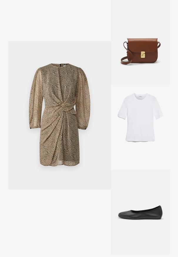 Šaty s leopardím vzorom z priesvitnej látky, s vysokým výstrihom, dlhými nariasenými rukávmi a so z twisted detailom vpredu, doplnené volánovou sukňou.; Biela krátka tričko s krátkymi rukávmi vyrobené z rebrovanej látky. Klasický okrúhly výstrih, bežný strih a jemné švy. Bez vzorov alebo grafiky.; Čierne kožené baleríny s okrúhlou špičkou, hladkým povrchom, minimálnym prešívaním a flexibilným dizajnom podrážky.; Hnedá kožená kabelka s klopou, zlatými kovovými prvkami, ramenným popruhom a hladkým povrchom. Kompaktný obdĺžnikový tvar.