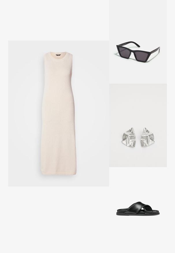 Rochie maxi fără mâneci tricotată, de culoare bej deschis, având o suprafață texturată și un gât rotund, căzând drept până la tiv.; Sandale din piele neagră, cu curele încrucișate, talpă plată, textură netedă și un design minimalist. Fără elemente de fixare sau modele vizibile.; Ochelari de soare negri, unghiulari, cu lentile gri; fabricați din plastic, având brațe groase cu o suprafață netedă și fără hardware vizibil.; Cercei din metal argintiu cu un design sculptural ondulat, prezentând o finisare lucioasă și forme neregulate, evidențiind o estetică contemporană.