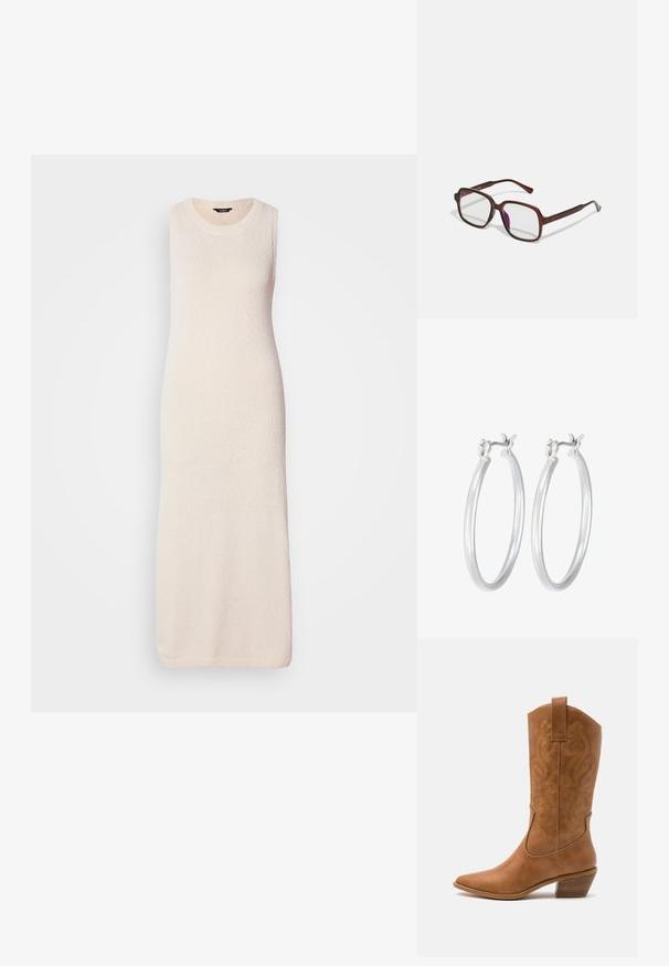 Mezgta bežinė suknelė be rankovių, pasižyminti tekstūruota paviršiumi ir apvalia iškirpte, tiesiai krentanti iki apatinio krašto.; Ruda odinė kantri batai su smailiu būtų pirštu, siuvinėtais spiralės raštais ant viršaus ir su kamščiu blokuotu kulnu. Yra tamprių užtraukių, kad būtų lengviau užsidėti.; Rudos, stačiakampiai akinių rėmeliai su skaidriais lęšiais ir violetiniais atspalviais. Lygus plastikinis rėmas su tiesiomis šventyklomis ir subtiliais akcentais.; Sidabriniai auskarai su sklandžiu, poliruotu paviršiumi. Apvalios formos ir saugus uždarymo mechanizmas. Lengvas dizainas, tinkantis kasdieniam dėvėjimui.