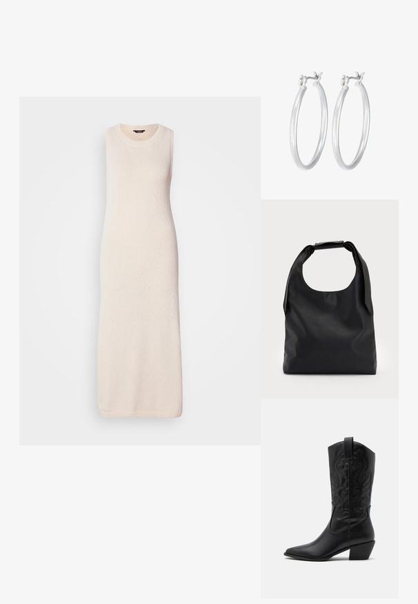 Pletené bezrukávové maxi šaty svetlos béžovej farby, s textúrovaným povrchom a okrúhlym výstrihom, padajúce rovno k spodnému okraju.; Čierna kožená kovbojská čižma s špicatou špičkou, embosovanými vírivými vzormi a stredne vysokým opätkom. Obsahuje pútko pre jednoduché obúvanie.; Čierna kožená kabelka s veľkým otvoreným horným dielom a jedným ramenným popruhom. Mäkká textúra, minimalistický dizajn, obsahuje jemné hardvérové akcenty.; Strieborné kruhové náušnice s hladkým, lesklým povrchom. Kolový tvar a bezpečné klikanie na uzatváranie. Ľahký dizajn vhodný na každodenné nosenie.