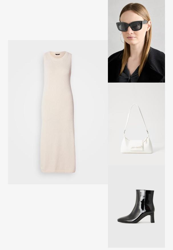 Vestido longo sem mangas em bege claro, com uma superfície texturizada e decote redondo, caindo reto até a barra.; Botim de tornozelo em pele sintética preta com bico apontado e salto bloco de altura média. Textura suave e design minimalista.; Óculos de sol pretos em formato de gato com lentes escuras, armações grossas e acentos subtis. Usados com um casaco preto e uma blusa cinza, apresentando cabelo longo e liso.; Mala sintética branca com formato triangular, aba frontal plana e detalhe de laço, alça ajustável, textura suave e design minimalista.