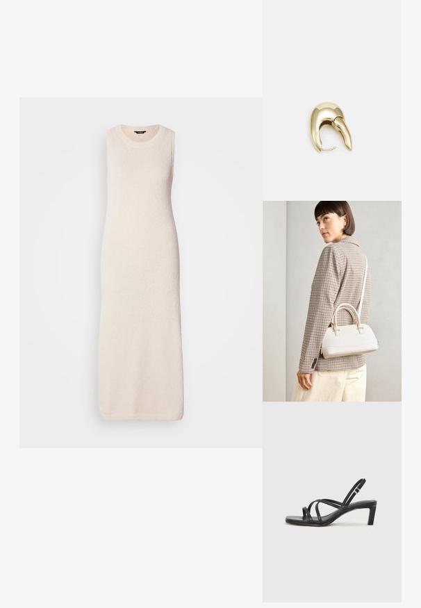 Kootud ilma varrukateta maxi kleit heledas beežis, vahva pinna ja ümmarguse kaelusega, langeb otse lõpuni.; Mustast rihmajalatsid ruudukujulise varba ja madala ploki kontsaga. Omab mitmeid õhukesi rihmasid ja reguleeritavat pahkluu rihma. Valmistatud siledast nahast.; Valge struktureeritud käekott lühikeste käepidemete ja õlavööga, millel on kuldse riistvara aktsendid ja tekstuuriga materjal, eksponeeritud halli taustal.; Kuldtooni metallist kõrvarõngas, millel on elegantne ja kaarjas disain. Omab silmapaistvat teravat kuju, poleeritud pinda ja hingesulgemist.