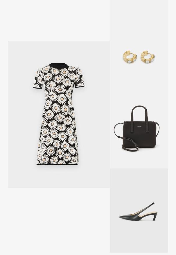Černé šaty s krátkým rukávem, které mají bílé květinové vzory sedmikrásek s oranžovými středy, kulatý výstřih a přiléhavý střih.; Černý špičatý slingback s nízkým podpatkem, vyrobený z hladké kůže, s výřezem na boku pro lepší prodyšnost.; Černá kabelka s dvojitými krátkými uchy a odnímatelným ramenním popruhem. Hladký koženkový materiál s uzávěrem na zip a detailem loga.; Zlaté kruhové náušnice s texturovaným designem a třemi jasnými krystalovými akcenty na jedné straně, které nabízejí moderní geometrickou estetiku.