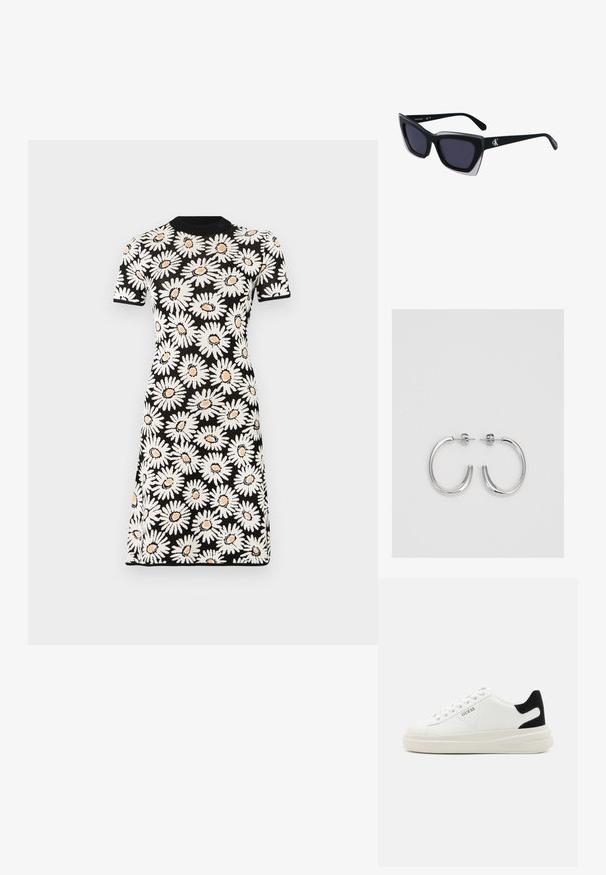 Robe noire à manches courtes avec un motif floral de marguerites blanches et des centres orange, encolure arrondie et silhouette ajustée.; Baskets en cuir blanc avec une épaisse semelle blanche, un accent en daim noir au niveau du talon et un logo embossé sur le côté. Design à lacets avec six œillets.; Lunettes de soleil noires surdimensionnées avec une forme géométrique, dotées de verres foncés et d'un détail gris contrastant sur la monture. Logo sur la branche.; Boucles d'oreilles en argent avec une finition lisse et brillante. Forme arrondie, conception légère, avec un fermoir à tige.