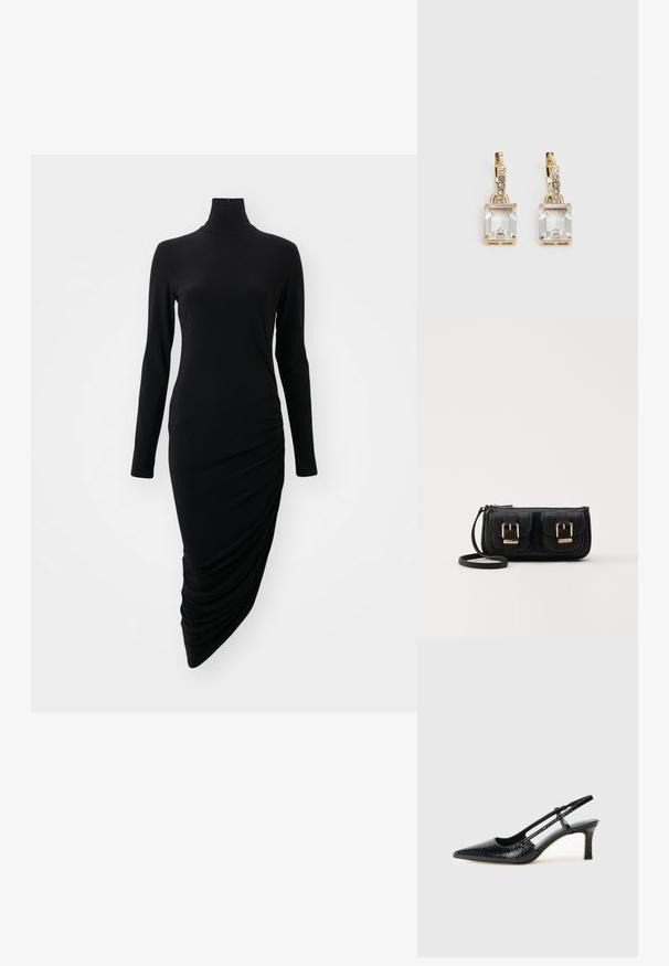 Čierne šaty s dlhým rukávom a vysokým golierom, s riaseným dizajnom na jednej strane, vyrobené z hladkej, elastickej tkaniny.; Čierne patentové slingback topánky na ihlovom podpätku s špicatou špičkou, s textúrovaným hadím vzorom, nastaviteľným popruhom a krátkym, textúrovaným blokovým podpätkom.; Čierna kožená crossbody taška s dvoma prednými vreckami, zlatými sponami, zipsovým uzatváraním a úzkym popruhom. Štruktúrovaný povrch a kompaktný obdĺžnikový tvar.; Náušnice v zlatej farbe, ktoré majú obdĺžnikový, transparentný kryštál visiaci pod radom malých, guľatých, čírych akcentov. Elegantný, moderný dizajn.