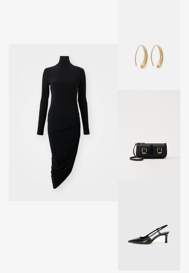 Fekete, hosszú ujjú ruha magas nyakkivágással, melynek egyik oldalán redős dizájn található, sima, rugalmas anyagból készült.; Fekete lakk slingback sarok, hegyes orral, texturált kígyómintával, állítható pánttal és rövid, texturált tömbsarkal.; Fekete bőr keresztbody táska két elülső zsebbel, arany csattokkal, cipzáras záródással és vékony pánttal. Textúrált felület és kompakt téglalap alak.; Aranyszínű fémből készült karika fülbevalók ívelt, hosszúkás formával. Simaságával és fényes felületével, valamint lekerekített végével további részletekkel bővül.